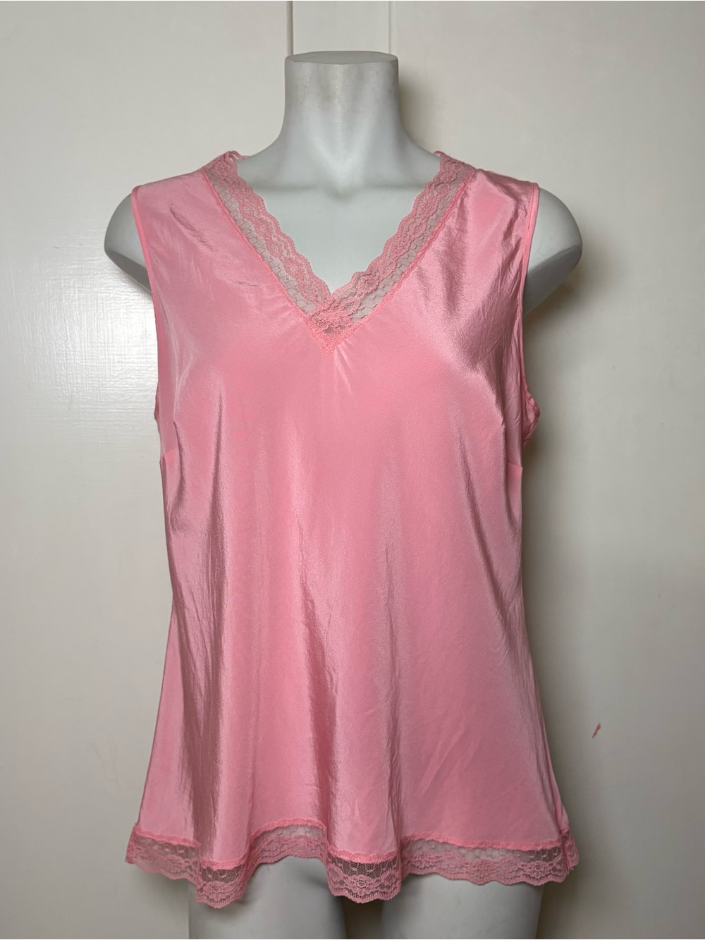 Vintage 90s Silk Pink Lace Trim Sleeveless Blouse Tank Top